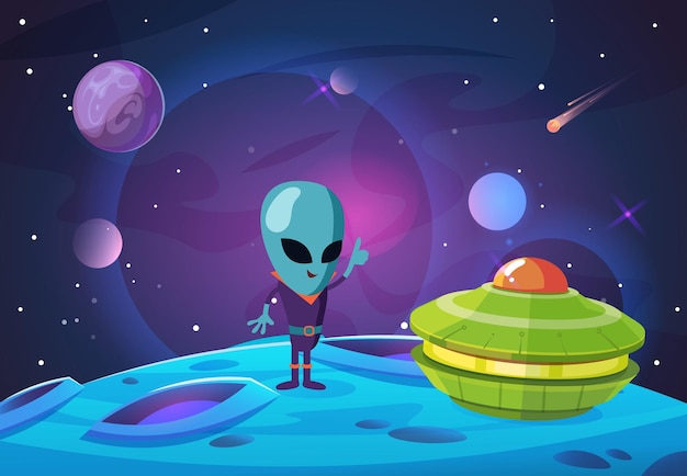 Fundo de colonização do espaço personagem de ufo alienígena no novo planeta no universo nave espacial e meteoritos de galáxias e cosmos dos desenhos animados ilustração vetorial ufo de colonização alienígena no planeta