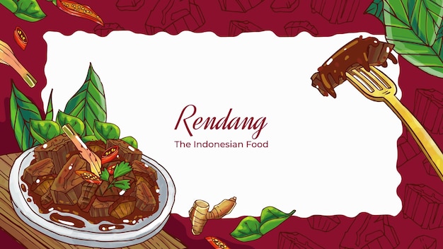 Fundo de comida indonésio rendang desenhado à mão