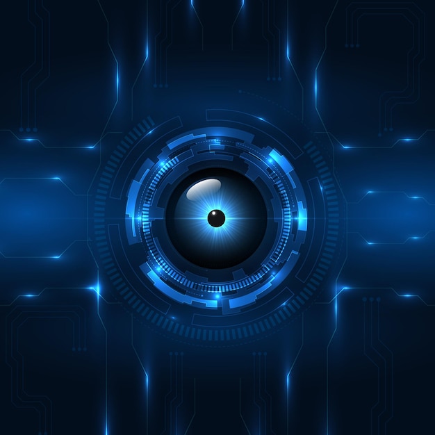 Fundo de conceito futurista de tecnologia digital de placa de circuito de olho cibernético azul