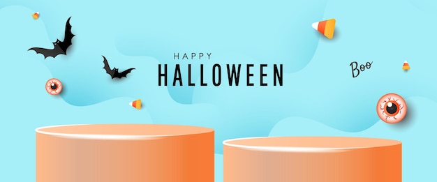 Fundo de convite de banner de pódio de halloween com aranha doce