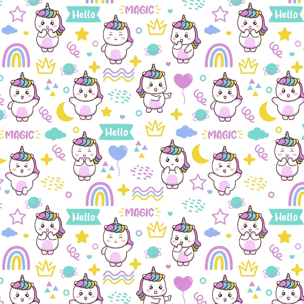 Fundo de cor pastel de ilustração de design de padrão sem costura de unicórnio fofo