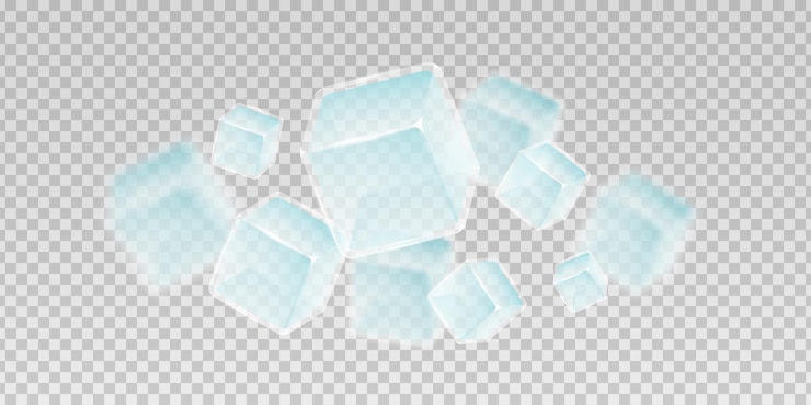 Vetor fundo de cubos de gelo cristal 3d isolado em fundo transparente pedaços de água congelada azul transparente com efeito de desfocamento de movimento modelo para anúncios de bebidas vetor