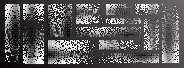 Vetor fundo de decaimento de pixels padrão pontilhado espalhado efeito de decaimento configurar texturas de mosaico de pixels com partículas redondas simples ilustração vetorial em fundo preto