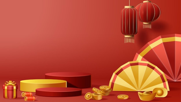 Fundo de decoração de pódio de exibição de ano novo chinês com ilustração vetorial 3d de ornamento chinês