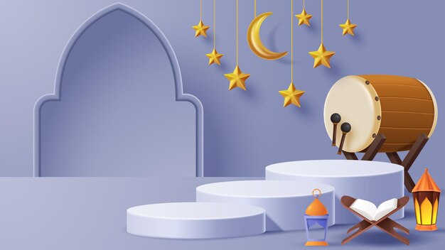 Fundo de decoração de pódio de exibição islâmica com ornamento islâmico ilustração 3D vetorial