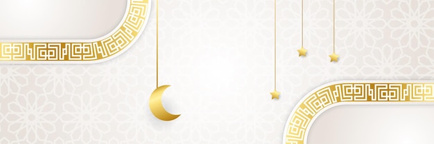 Fundo de design de banner largo colorido branco do Ramadã Fundo de banner islâmico ramadan kareem com padrão crescente lua estrela mesquita lanterna ilustração vetorial
