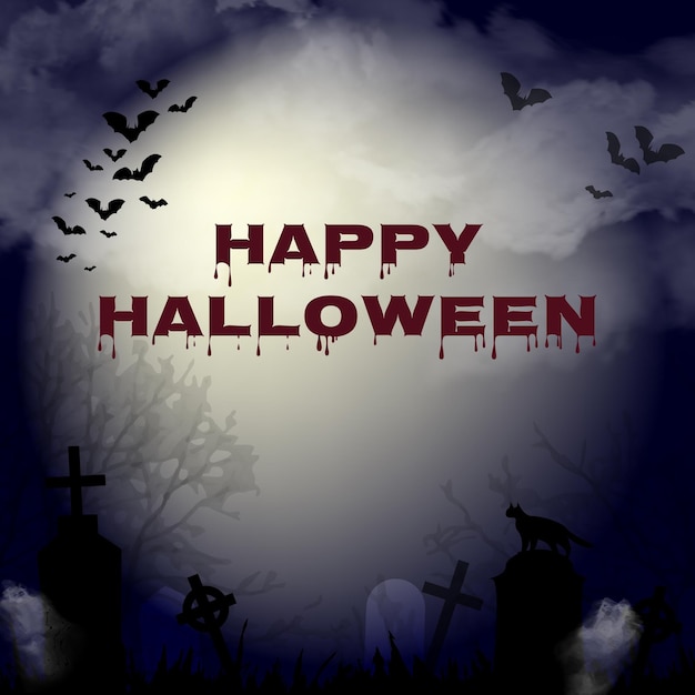 Fundo de design de Halloween com árvores nuas de cemitério assustador, sepulturas e morcegos de gato preto e Copyspace