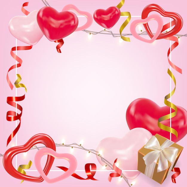 Fundo de dia dos namorados com caixa de presentes de corações rosa e vermelho brilhando enfeites de guirlandas