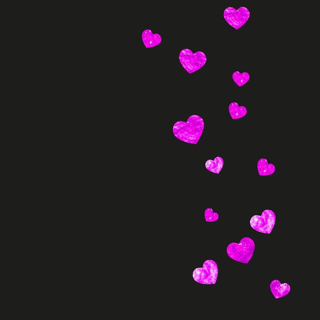 Fundo de dia dos namorados com corações de glitter rosa dia 14 de fevereiro confete vetorial para modelo de plano de fundo dos namorados textura de mão desenhada grunge