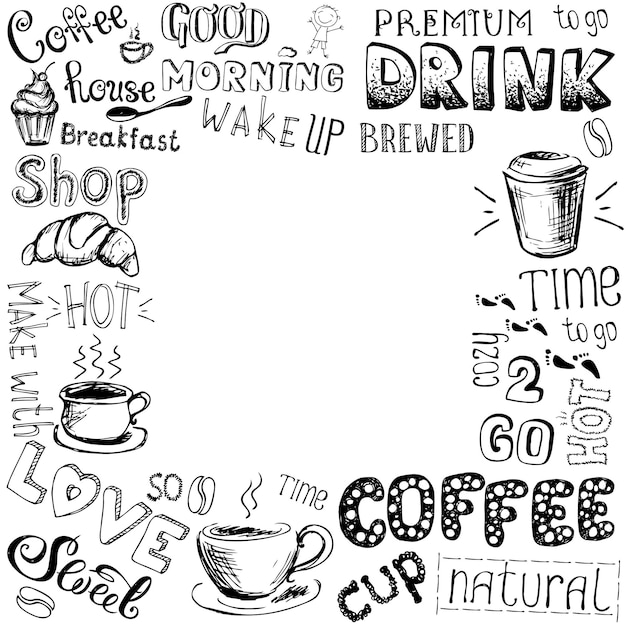 Fundo de doodle de café ou quadro desenhado à mão em ilustração vetorial de estoque branco