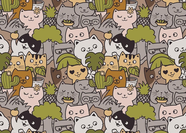 Vetor fundo de doodle de padrão de jardinagem de gato fofo