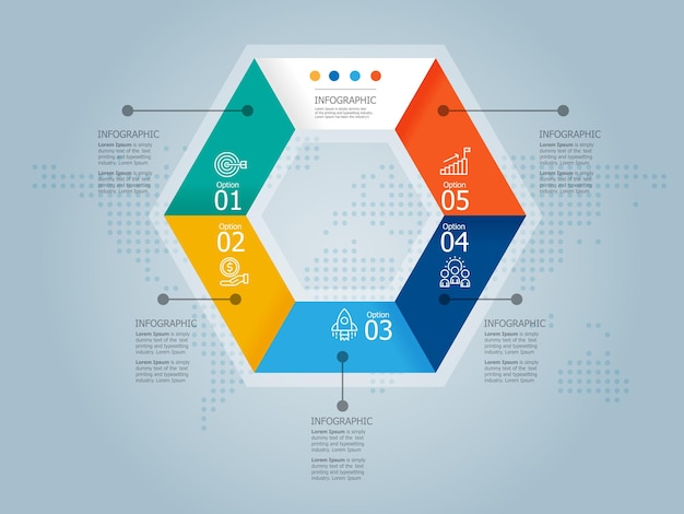 Fundo de elemento de relatório de apresentação infográfico de passos abstratos com ilustração vetorial de ícone de negócios 5 opções