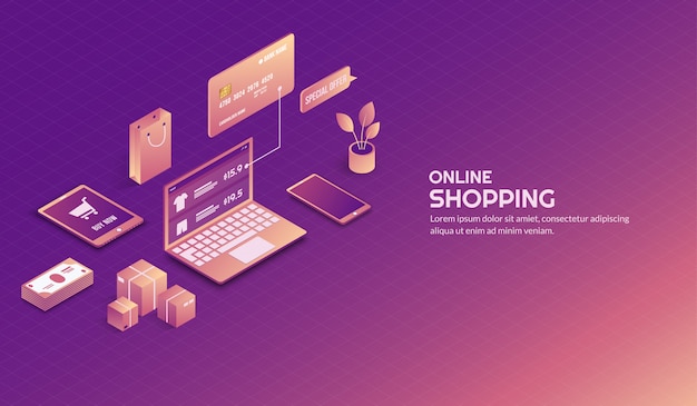 Fundo de elementos de compras on-line isométrico