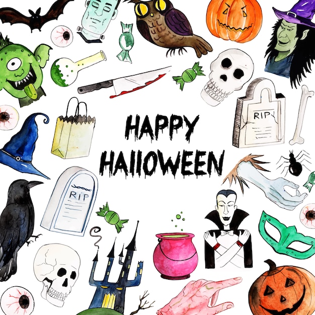 Fundo de elementos de halloween em aquarela