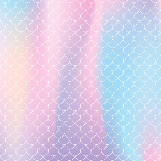 Fundo de escala holográfica com sereia gradiente. Transições de cores brilhantes. Banner e convite de cauda de peixe. Padrão subaquático e mar para festa feminina. Cenário perolado com escala holográfica.