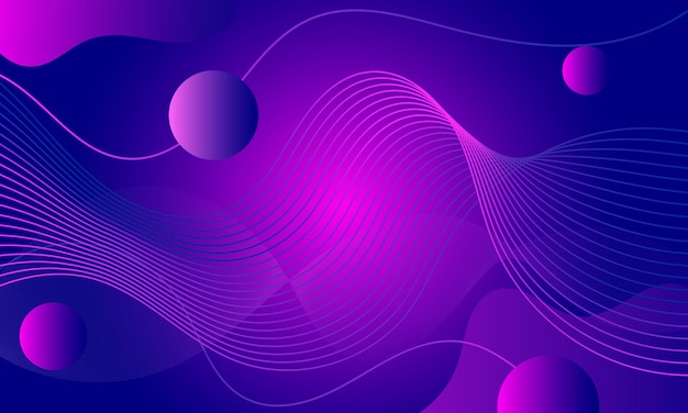 Fundo de espaço abstrato vetorial com linhas de ondas e esferas em cores violetas