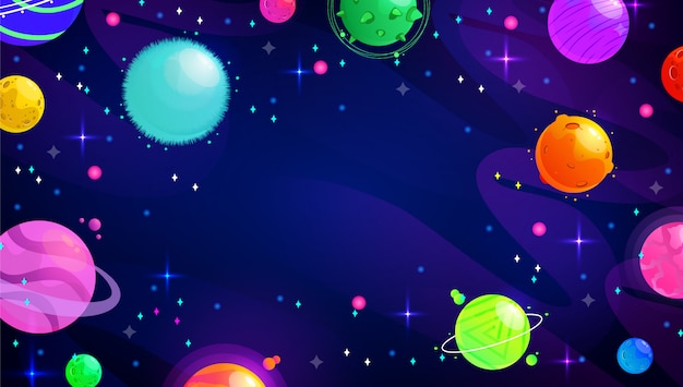 Fundo de espaço com planetas de fantasia dos desenhos animados.