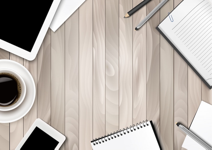 Vetor fundo de espaço de trabalho de escritório - café, tablet, cadernos e papel. .