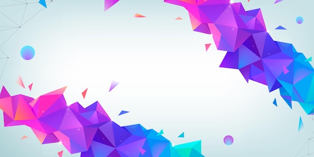 Fundo de estrutura de arame multicolor abstrato de vetor com efeito de plexo. Ilustração geométrica 3d futurista. Cabeçalho do site, design do banner. Estilo moderno triangular. Conexão de rede global.
