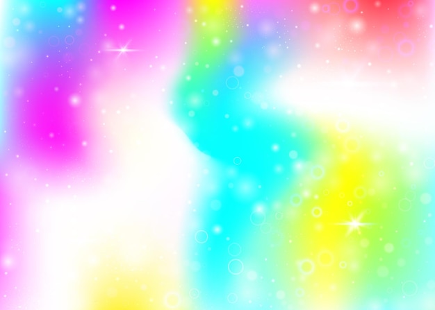 Vetor fundo de fadas com malha de arco-íris banner de universo líquido em cores de princesa cenário gradiente de fantasia com holograma fundo de fadas holográfico com brilhos mágicos estrelas e borrões