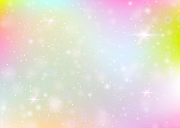 Vetor fundo de fadas com malha de arco-íris banner do universo feminino em cores de princesa cenário gradiente de fantasia com holograma fundo de fadas holográfico com brilhos mágicos estrelas e borrões