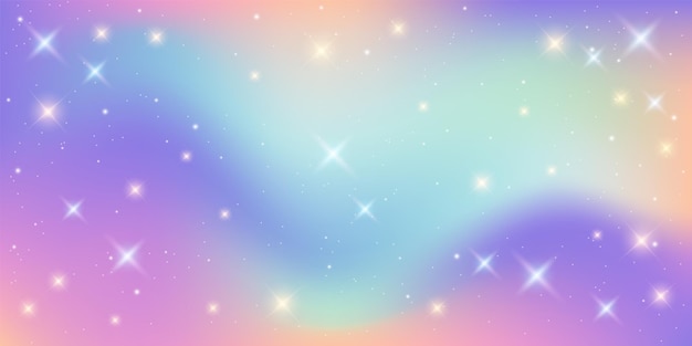 Fundo de fantasia de arco-íris ilustração holográfica em cores pastel céu brilhante com estrelas