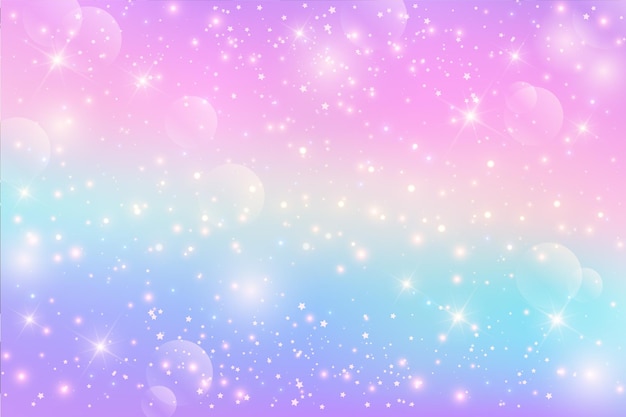 Fundo de fantasia de unicórnio arco-íris com estrelas Ilustração holográfica em cores pastel Céu brilhante
