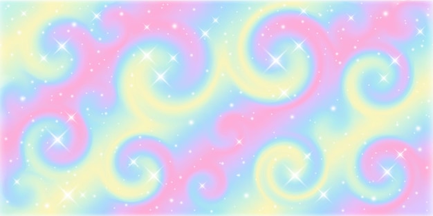 Fundo de fantasia. Ilustração holográfica em cores pastel. Céu multicolorido brilhante com estrelas.