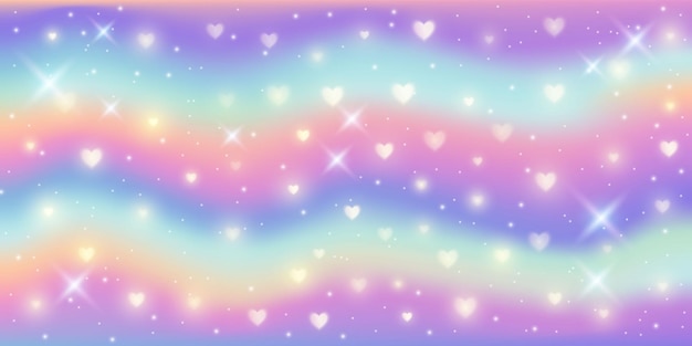 Fundo de fantasia. padrão em tons pastel. céu multicolorido ondulado com estrelas e corações.