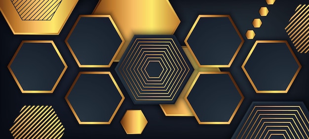 Fundo de favo de mel hexagonal preto e dourado de luxo brilhante abstrato