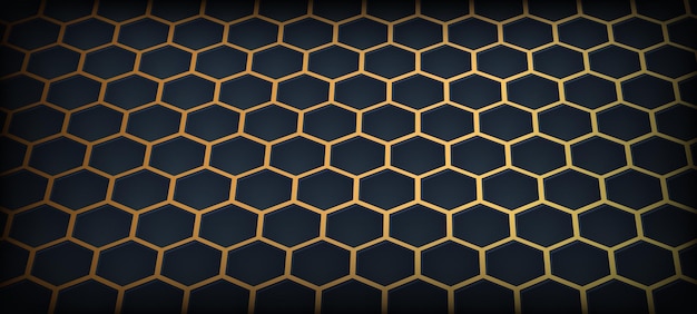 Fundo de favo de mel hexagonal preto e dourado de luxo brilhante abstrato