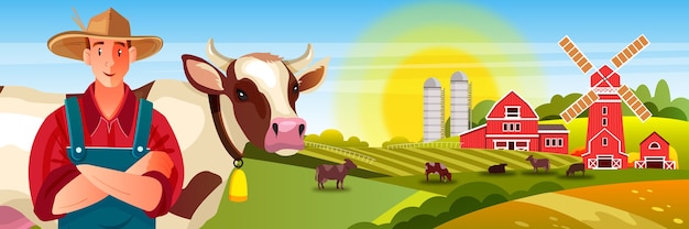 Fundo de fazenda leiteira com vacas, fazendeiro, campos verdes, sol, moinho, celeiro