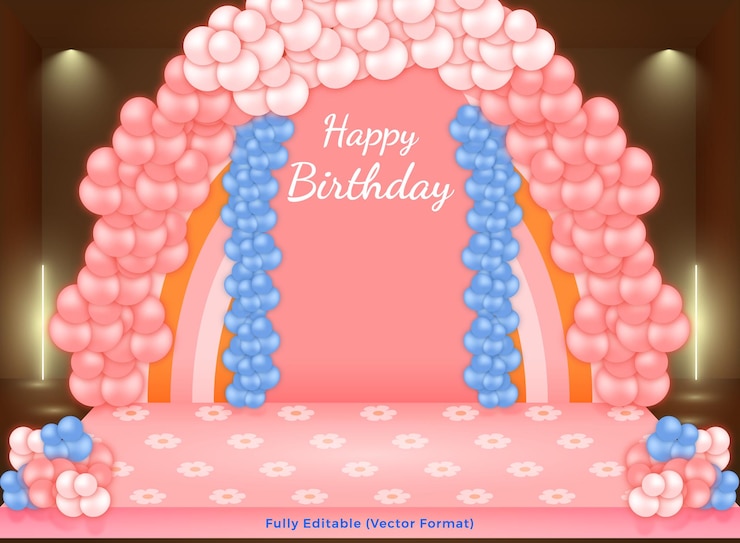 Vetor fundo de feliz aniversário com balões e luzes azuis rosa