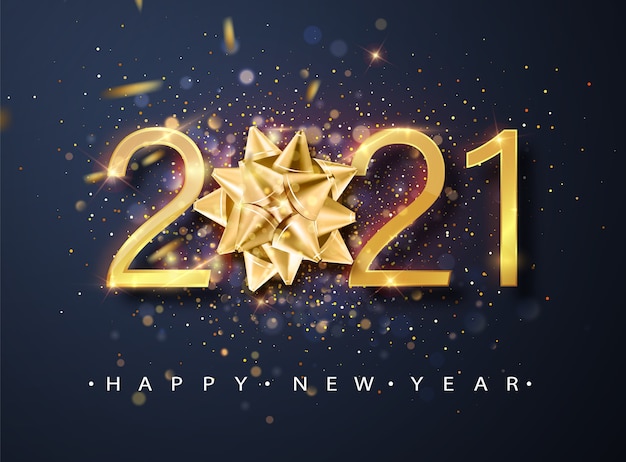 Fundo de feliz ano novo 2021 com laço de presente dourado, confetes, números brancos. Modelo de design de cartão de férias de inverno. Cartazes de Natal e Ano Novo.