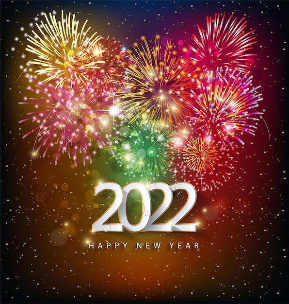 Fundo de feliz ano novo 2022. números brilhantes dourados com confete e fitas em fundo preto. design de cartão de férias.