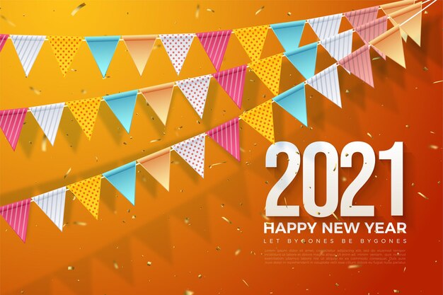 Fundo de Feliz Ano Novo de 2021 com bandeiras coloridas e números no canto inferior direito