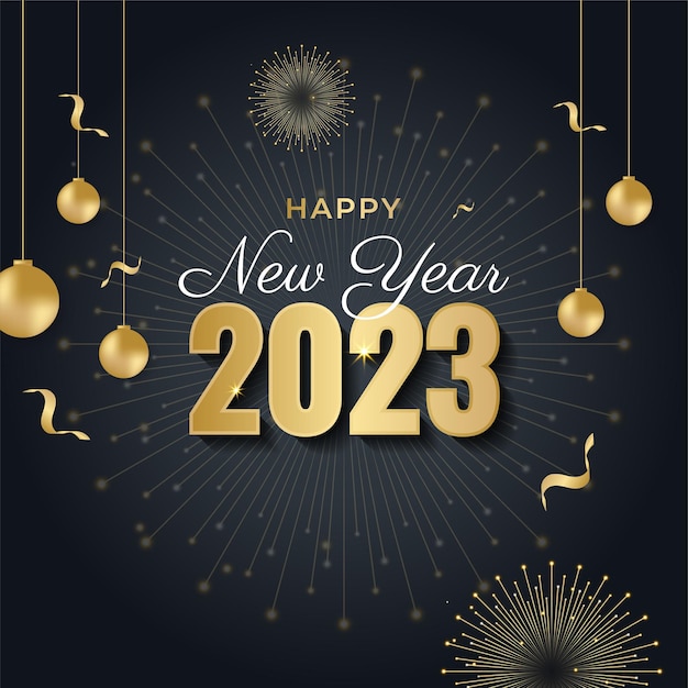 Vetor fundo de feliz ano novo de 2023 banner de férias com símbolo de feliz ano novo de 2023, estrelas douradas e confete ilustração vetorial com ícone de feriado preto isolado no fundo branco