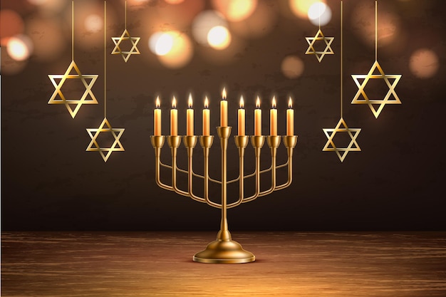 Fundo de feriado judaico de Hanukkah com candelabro de menorá dourado realista com velas