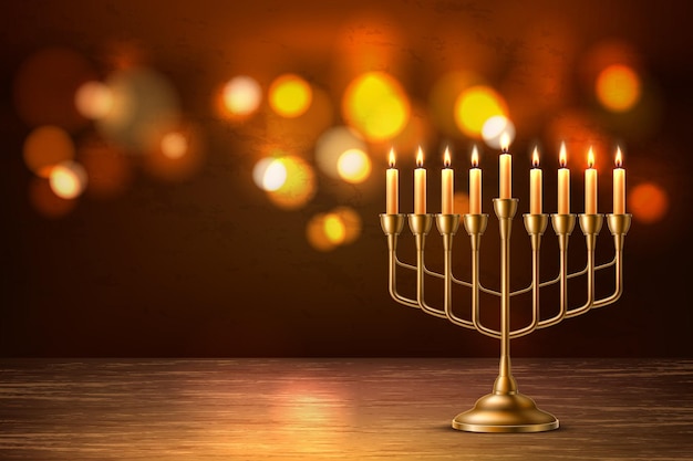 Fundo de feriado judaico de Hanukkah com candelabro de menorá dourado