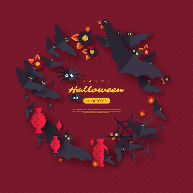 Fundo de férias de Halloween. Estilo de corte de papel morcegos voadores, doces, flores e aranhas. Fundo de cor roxa com texto de saudação, ilustração vetorial.