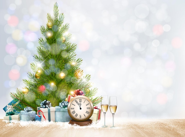 Fundo de férias de Natal com caixas de presente e árvore de Natal