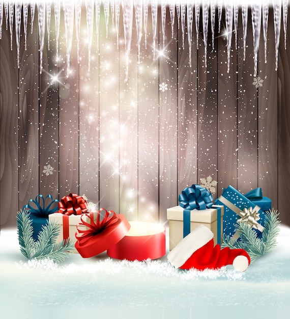 Vetor fundo de férias de natal com presentes e caixa mágica