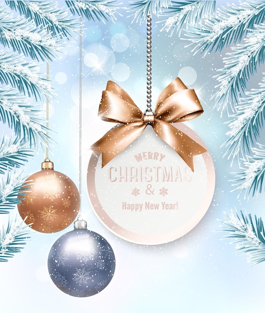 Fundo de férias de Natal com um cartão-presente e bolas coloridas. Vetor