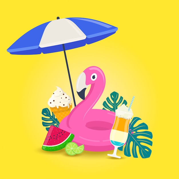 Fundo de férias de verão com flamingo rosa inabitável, sorvete, coquetel etc.