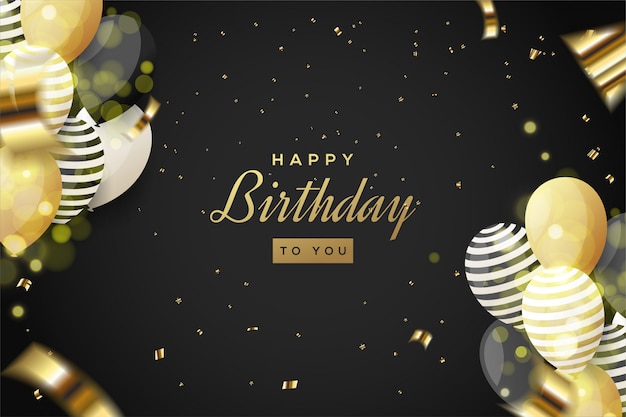 Fundo de festa de aniversário com ilustração de balões 3D e pedaços rasgados de papel dourado.