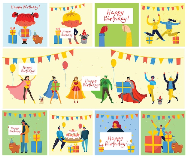 Fundo de festa de feliz aniversário, conjunto de ilustrações em estilo simples