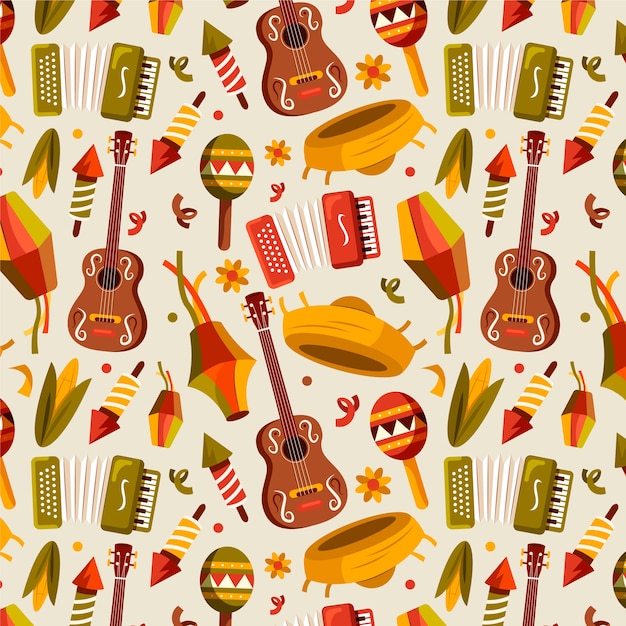 Fundo de festival brasileiro com guitarra, acordeão e outros instrumentos.