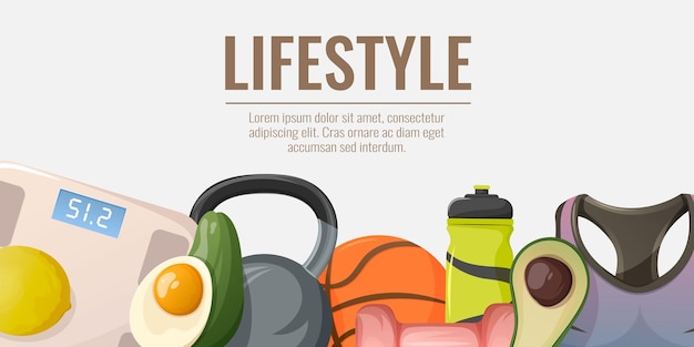 Vetor fundo de fitness estilo de vida saudável ilustração vetorial com kettlebell de halteres de escalas de chão