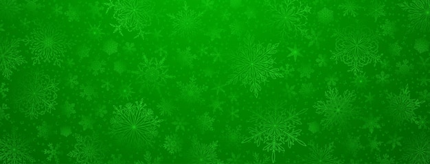 Vetor fundo de flocos de neve de natal grandes e pequenos complexos em cores verdes ilustração de inverno com neve caindo