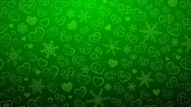 Vetor fundo de flocos de neve e corações com enfeite de cachos em cores verdes
